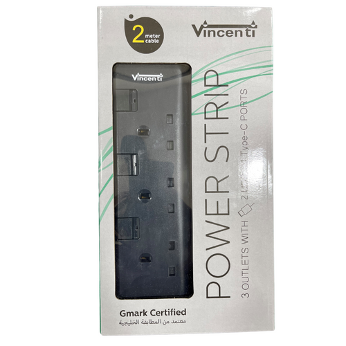 Vincenti Multi Switch 3UK Plug Outlets 2 Meter Black & Gold with U USB C Port