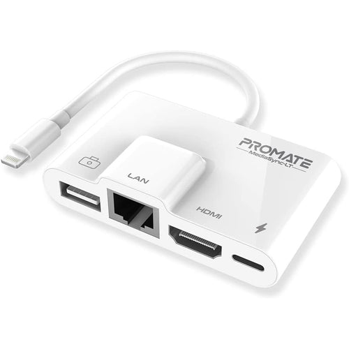 Promate 4-in-1 Multimedia Hub with Lightning Connector, 1080p HDMI, RJ45, USB Media Port, Charging Bridge- White: White