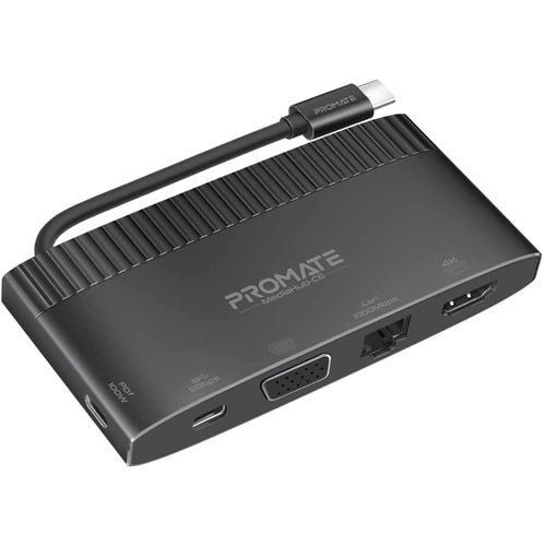 Promate 6-in-1 USB-C Hub with 4K HDMI, VGA, 1000Mbps RJ45, USB-C Data port, 100W USB-C Power Delivery Port- Black