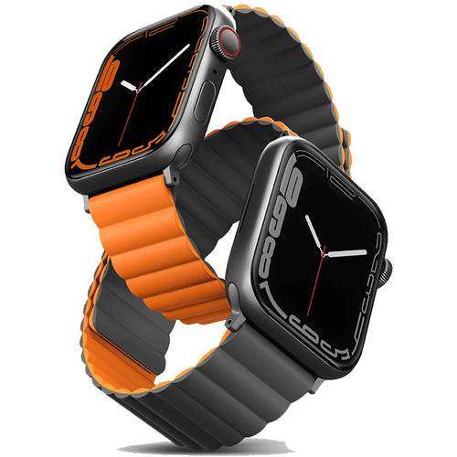 UNIQ REVIX Reversible Magnetic Apple Watch Strap 45/44/42mm - Charcoal (Grey/Orange) - Stylish and Versatile Magnetic Strap for Apple Watch